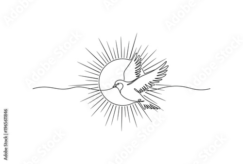 Radiant Flight. Minimalistic one-line drawing a bird passing through a sun circle with extended wings, continuous single black line on white background, simple