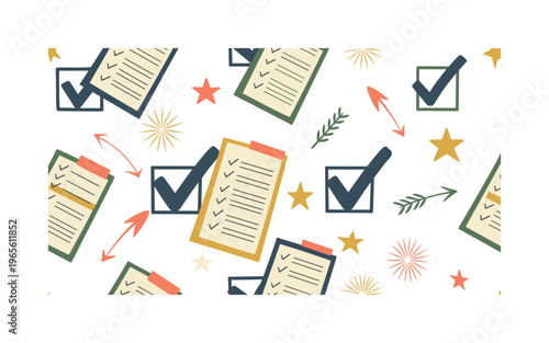 done status symbols seamless pattern, repeating pattern, surface design, textile print, soft color palette, modern illustration, no shadows, flat lighting,