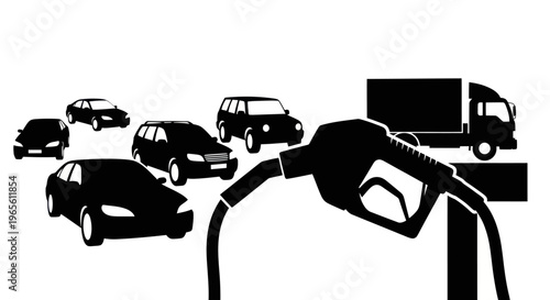 Black  White Silhouette of Fuel Pump Nozzle and Vehicles