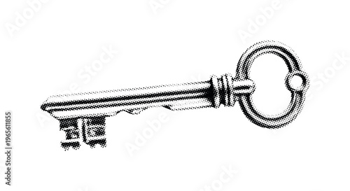 A ceremonial gothic medallion with retro proportions and an engraved keyhole centerpiece, shown alone with slight cropping, black and white halftone