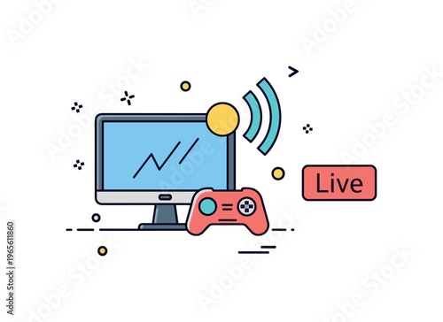 Live gaming coverage badge with a screen, signal icon, and subtle ?Live? label conveying real time action, broadcasting, and entertainment. Minimalist flat