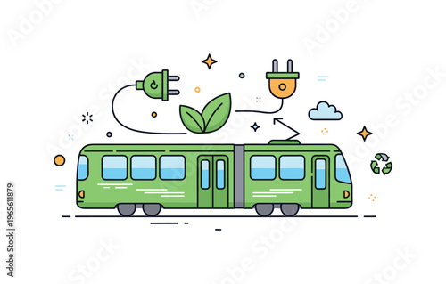 Green public transportation concept featuring a tram or bus with plug and leaf symbols expressing sustainability, innovation, and urban comfort. Minimalist