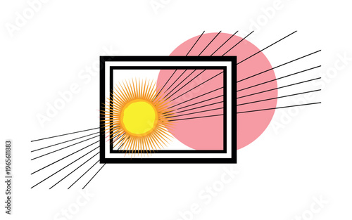 surreal frame floating with sun trapped inside, large pink circle and diagonal grid lines in background, symbolic conceptual composition, high contrast black