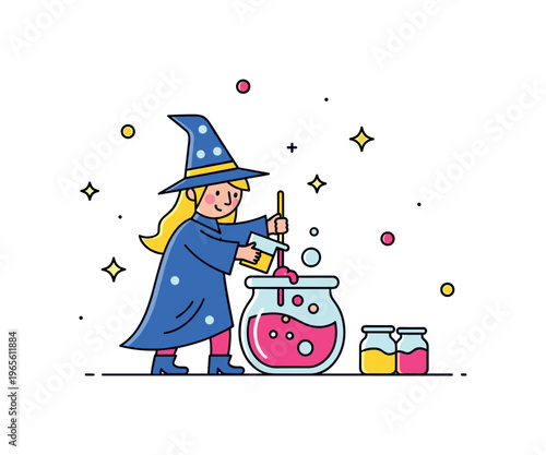 Playful potion magic a cute wizard mixing a bubbling potion with bright accents and subtle sparkles enhancing the mood. A cheerful and dynamic scene