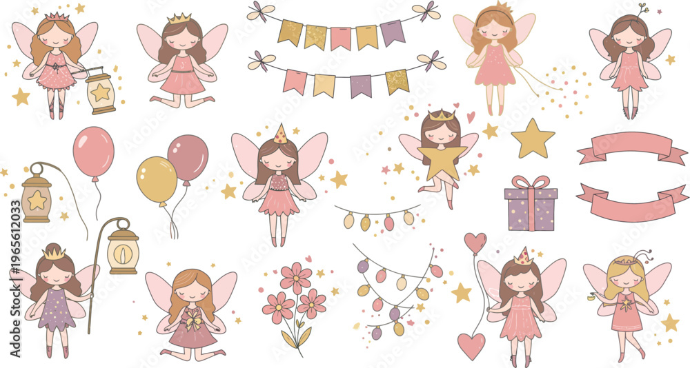 Fototapeta premium Birthday girl illustrations with balloons and gifts
