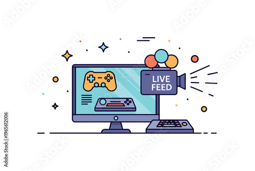 Gaming tournaments live feed scene with a central screen showing gameplay and a camera icon with streaming waves conveying real time broadcast, competition,