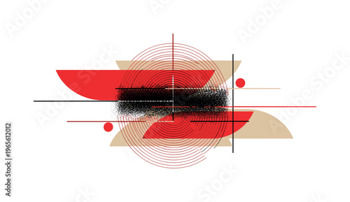 old signal interference with bold color layering, black and white grain texture combined with red and beige geometric forms, thin linear elements and