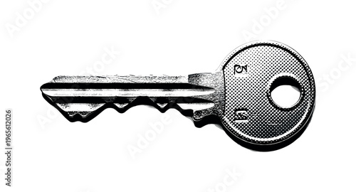 A vintage metal key with worn surface and subtle engraved patterns, isolated in minimal composition, black and white halftone illustration, refined halftone
