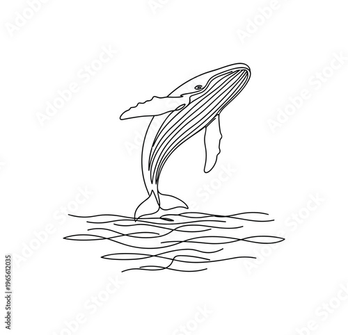 Sea Freedom. Minimalistic one-line drawing a whale jumping high above water with minimal wave lines, continuous single black line on white background, simple
