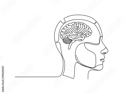 Automation Intelligence Concept. Minimalistic one-line drawing robotic head silhouette with simple brain circuit inside, continuous single black line on white