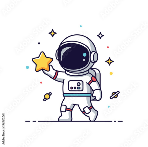 Little explorer space a tiny astronaut holding a star with a curious expression and subtle sparkles around. The composition conveys adventure and gentle