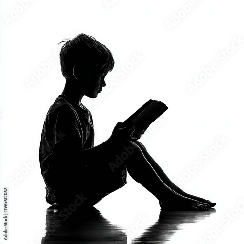 Silhouette child reading book, black and white side profile on white background, quiet learning and education concept