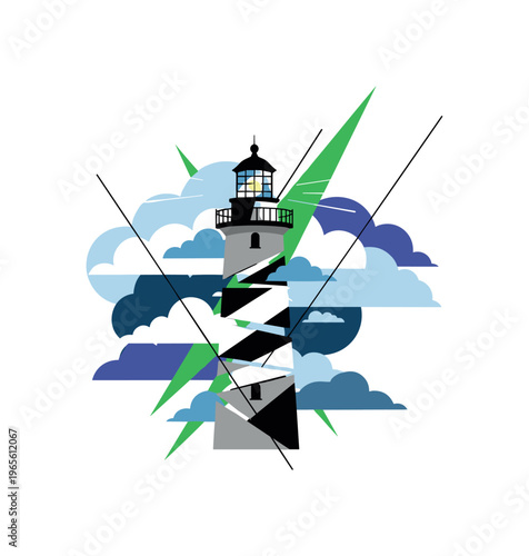 fragmented lighthouse surrounded by abstract cloud shapes, green geometric shapes and sharp lines slicing through composition, flat colors and strong contrast,