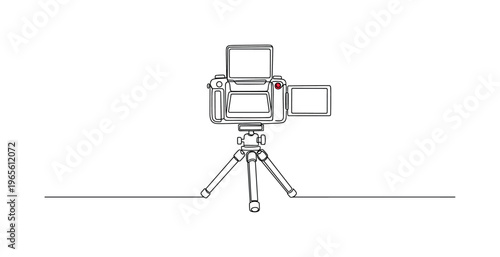 Vlogging with Camera. Minimalistic one-line drawing camera on small tripod with flip screen facing forward and subtle recording dot accent, continuous single