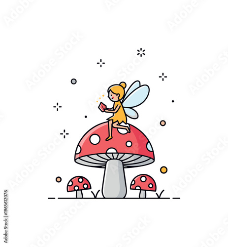 Fairy garden moment a cute fairy perched on a mushroom with subtle glow and tiny decorative sparkles enhancing the scene. A soft and magical illustration of