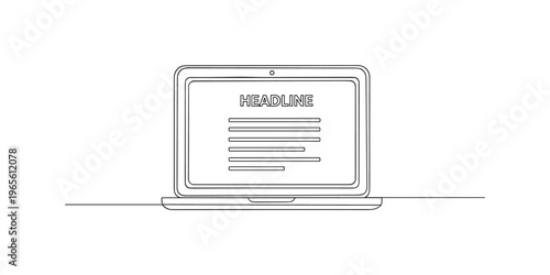 Online Article Creation. Minimalistic one-line drawing laptop screen showing structured headline and paragraph lines, continuous single black line on white