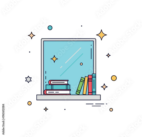 Mini reading space a small window showing books arranged with soft decorative sparkles enhancing a calm mood. A gentle illustration of curiosity and peaceful