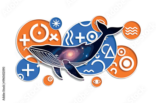 cut-out whale interacting with galaxies and overlapping orange and blue circles with abstract symbols, layered paper collage look with white outlines, surreal