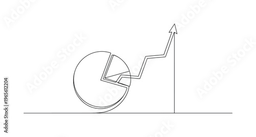 Financial Success Scene. Minimalistic one-line drawing pie chart beside rising line graph in balanced composition, continuous single black line on white