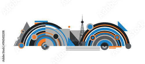 horizontal composition of signal arcs and tower, monochrome arcs layered with blue and orange bands, circular accents and structured geometric forms,