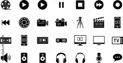 Media and entertainment icon set: play, record, pause, camera, film reel, tv, media icons, video icons