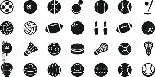 Sports balls and equipment icon collection: soccer, basketball, tennis, golf, bowling, sports icons, golf ball