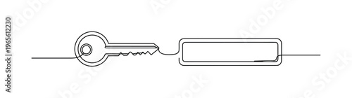 Access Control Illustration. Minimalistic one-line drawing key connected to simple password field rectangle, continuous single black line on white background,