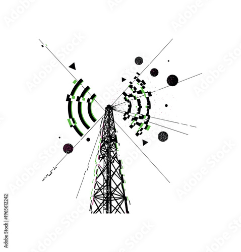 distorted vintage signal interference with geometric disruption, monochrome noise field broken by sharp triangles and circular fragments, glitch