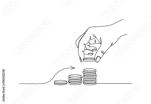 Financial Planning Illustration. Minimalistic one-line drawing hand placing coin onto small stack with minimal arrow accent, continuous single black line on