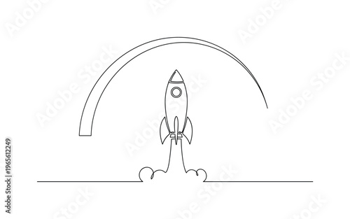Project Takeoff Illustration. Minimalistic one-line drawing rocket lifting off from ground line with curved path above, continuous single black line on white