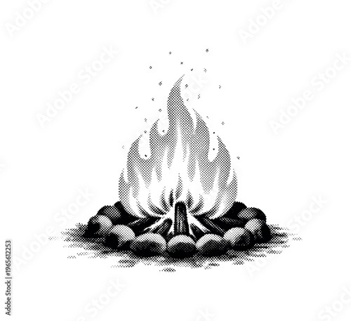 A campfire with a few sparks suggested through minimal engraved dots, black and white halftone illustration, dense dot pattern shadows, newspaper-style