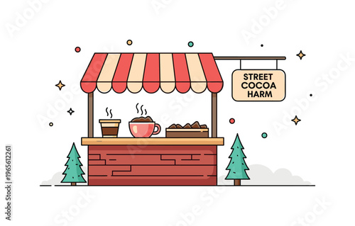 Street cocoa charm a small booth with hot chocolate and a minimal hanging sign suggesting a local vendor. A warm and inviting illustration of seasonal street