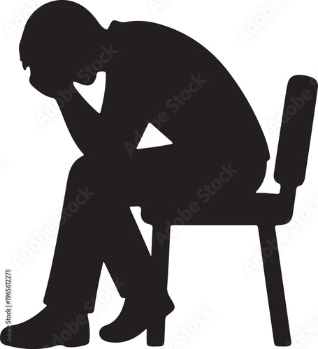 Silhouette of a man sitting on a chair with his head in his hands, expressing sadness or despair, mental health