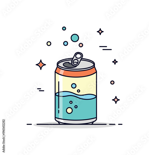 Carbonated drink scene featuring a soda can with an open tab and bubbly fizz expressing refreshment, coolness, and casual enjoyment. Minimalist flat vector