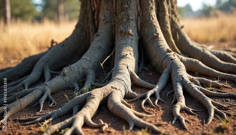 Fototapeta premium Gnarled tree roots spread across dry dirt ground. Thick woody structures anchor old giant in nature. Sunlight highlights complex pattern, earthy texture, survival strength.