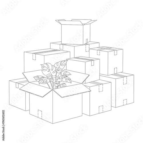 Moving boxes and houseplant icon outline