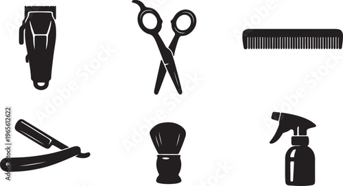Black silhouette icons of barber tools: clippers, scissors, comb, straight razor, brush, spray bottle