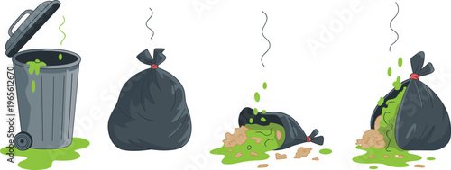 Cartoon trash can and garbage bags leaking waste, rotten food, bad smell, pollution concept, sanitation problem, environmental contamination illustration
