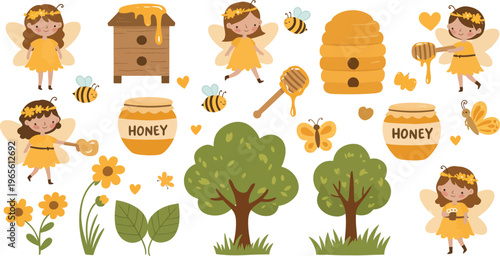 Whimsical illustration of girls and bees in a garden with honey and flowers