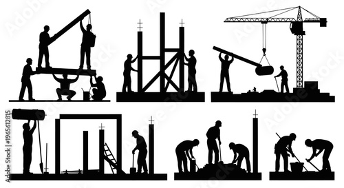 Construction workers silhouettes building, crane lifting beam, industry scene