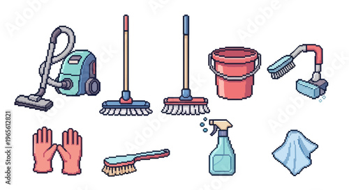 Pixel Art Cleaning Tools Icon Set: Vacuum, Mop, Gloves, Bucket, Spray Bottle