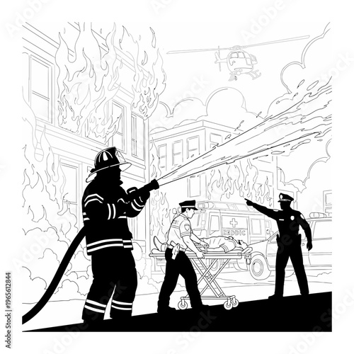 Firefighter extinguishing building fire