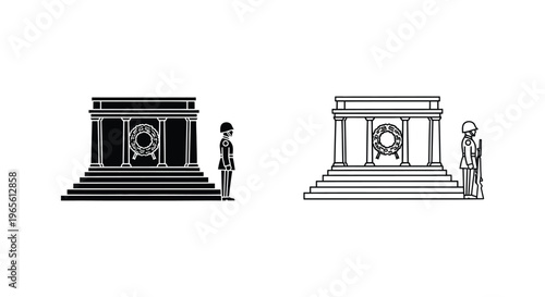 Tomb of the Unknown Soldier vector icons, military memorial monument with honor guard, patriotic cemetery landmark symbols in black and white