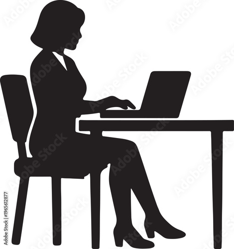 Silhouette of businesswoman sitting at desk typing on laptop in office setting with data entry