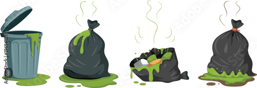 Garbage, trash, waste, bin, pollution, dirty, rotten, smell, bag, hygiene, sanitation, disposal, environment, contamination, landfill, vector, illustration, messy, unhealthy, cleanup