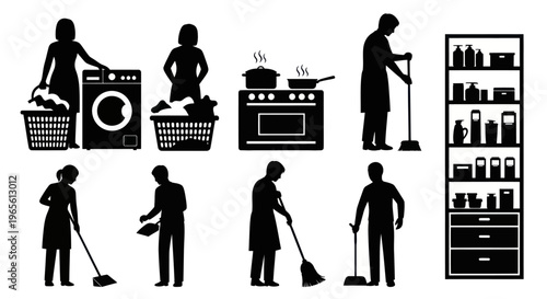 Household chores icons: cleaning, laundry, cooking, storage, services, silhouettes