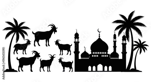 Islamic Mosque and Goats Silhouette with Palm Trees, Black  White