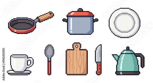 Pixel art kitchenware: pan, pot, plate, cup, spoon, board, knife, kettle