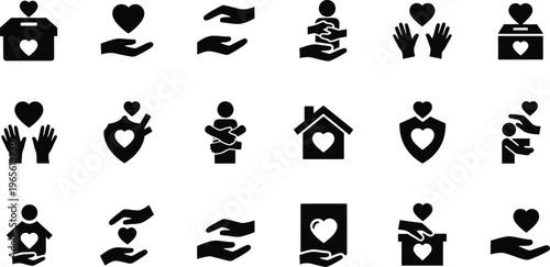 Heart and hand icons representing charity, care, support, and love, sharing heart, giving hand, human touch