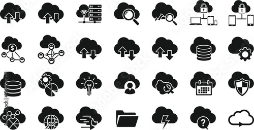 Cloud computing icons: data storage, network, security, and sync symbols, storage device